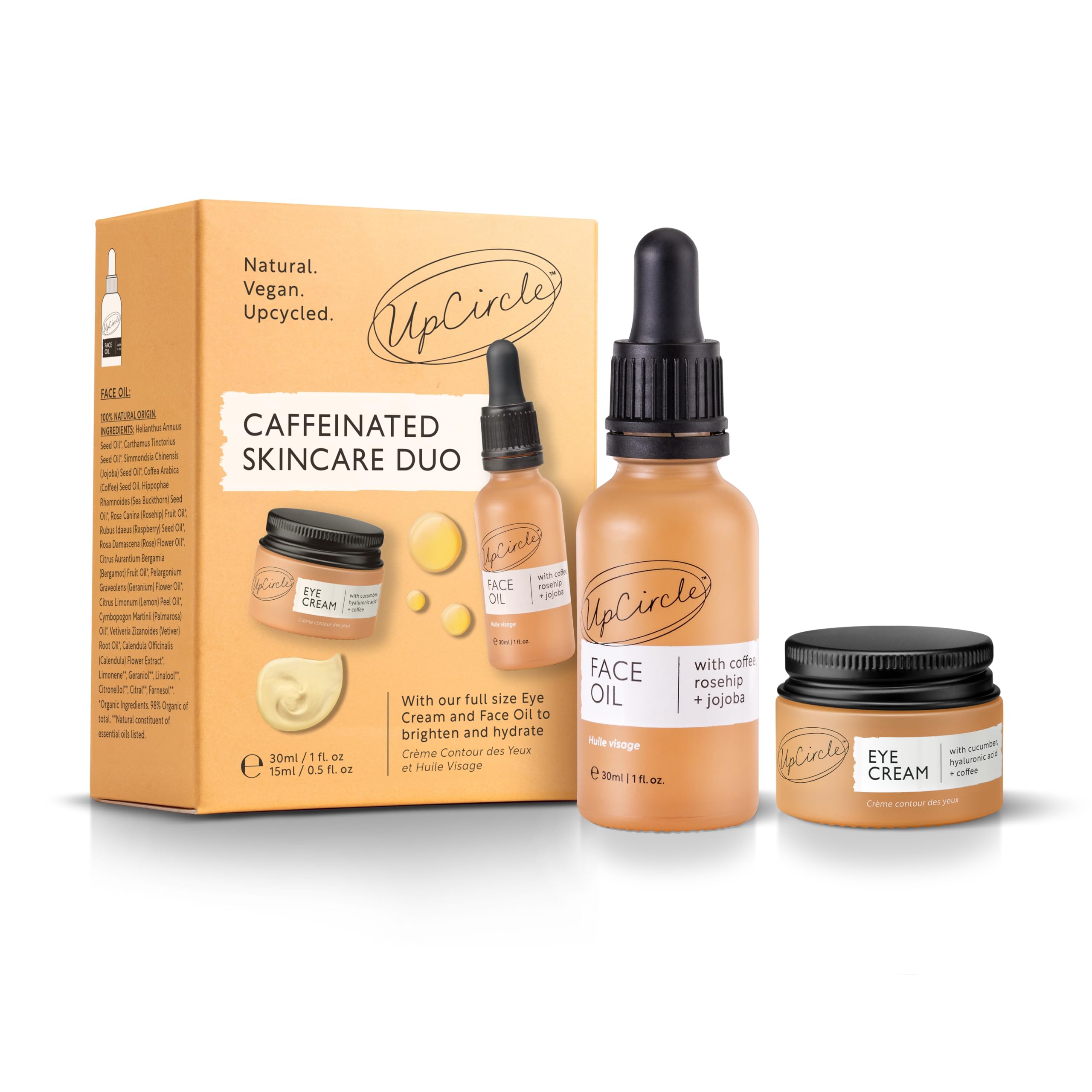 UpCircle caffeinated duo face oil bottle delivering brightening hydration.