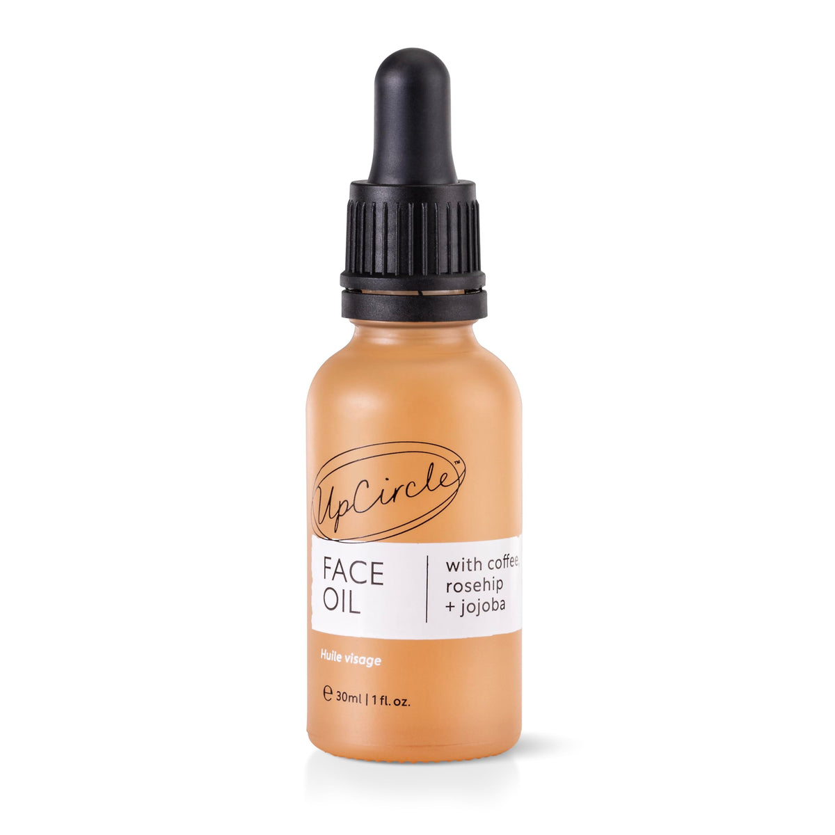UPCIRCLE coffee oil serum bottle showcases antioxidant hydration for all skin types.