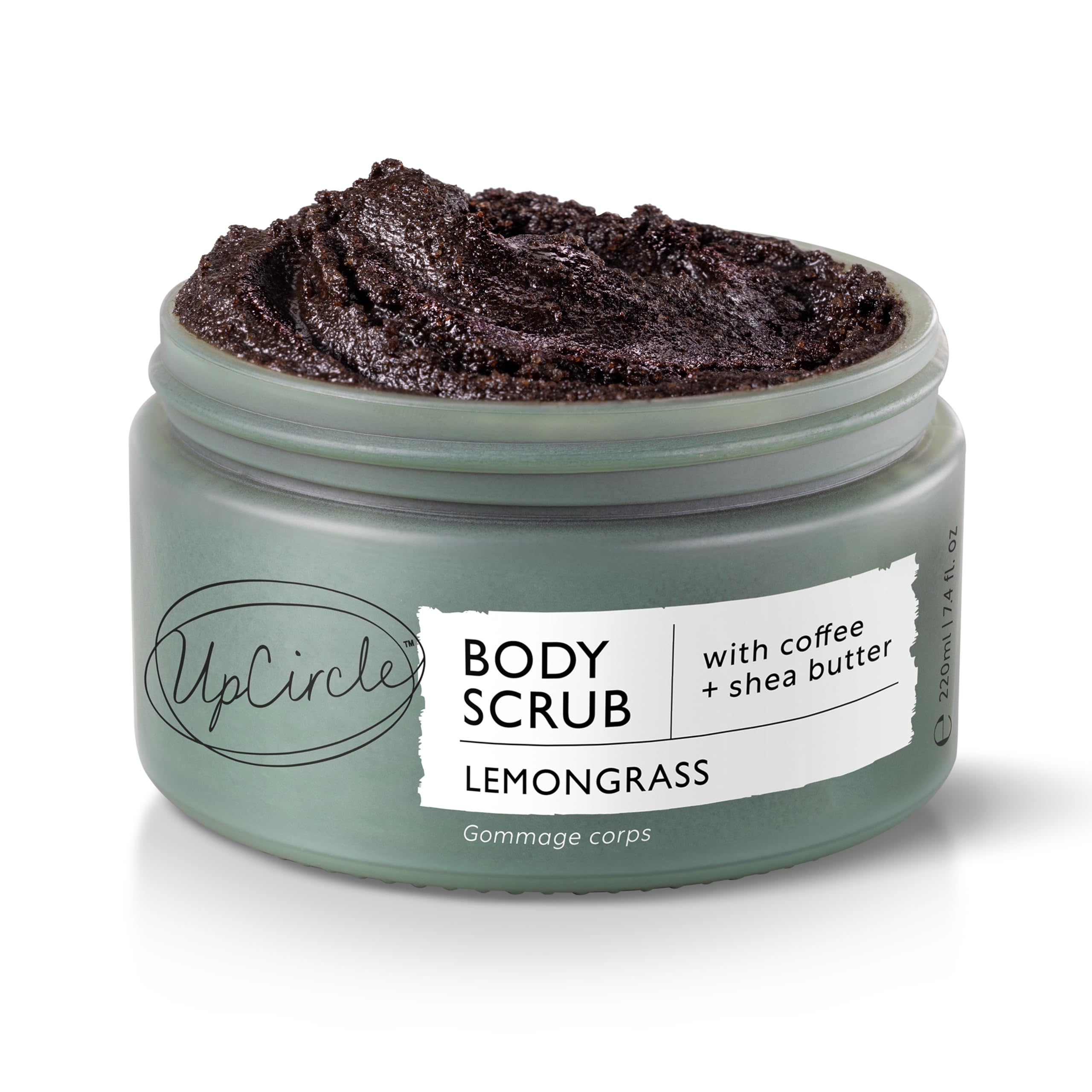 UPCIRCLE Exfoliating coffee body scrub jar close-up showing textured grains for smooth skin.