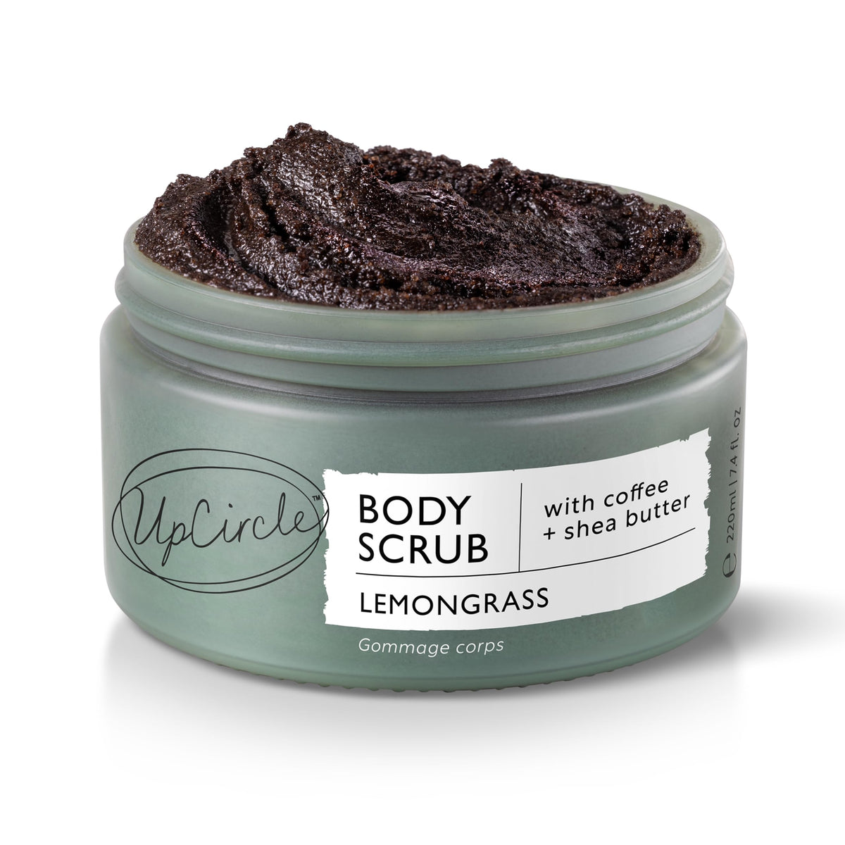 UPCIRCLE Exfoliating coffee body scrub jar close-up showing textured grains for smooth skin.