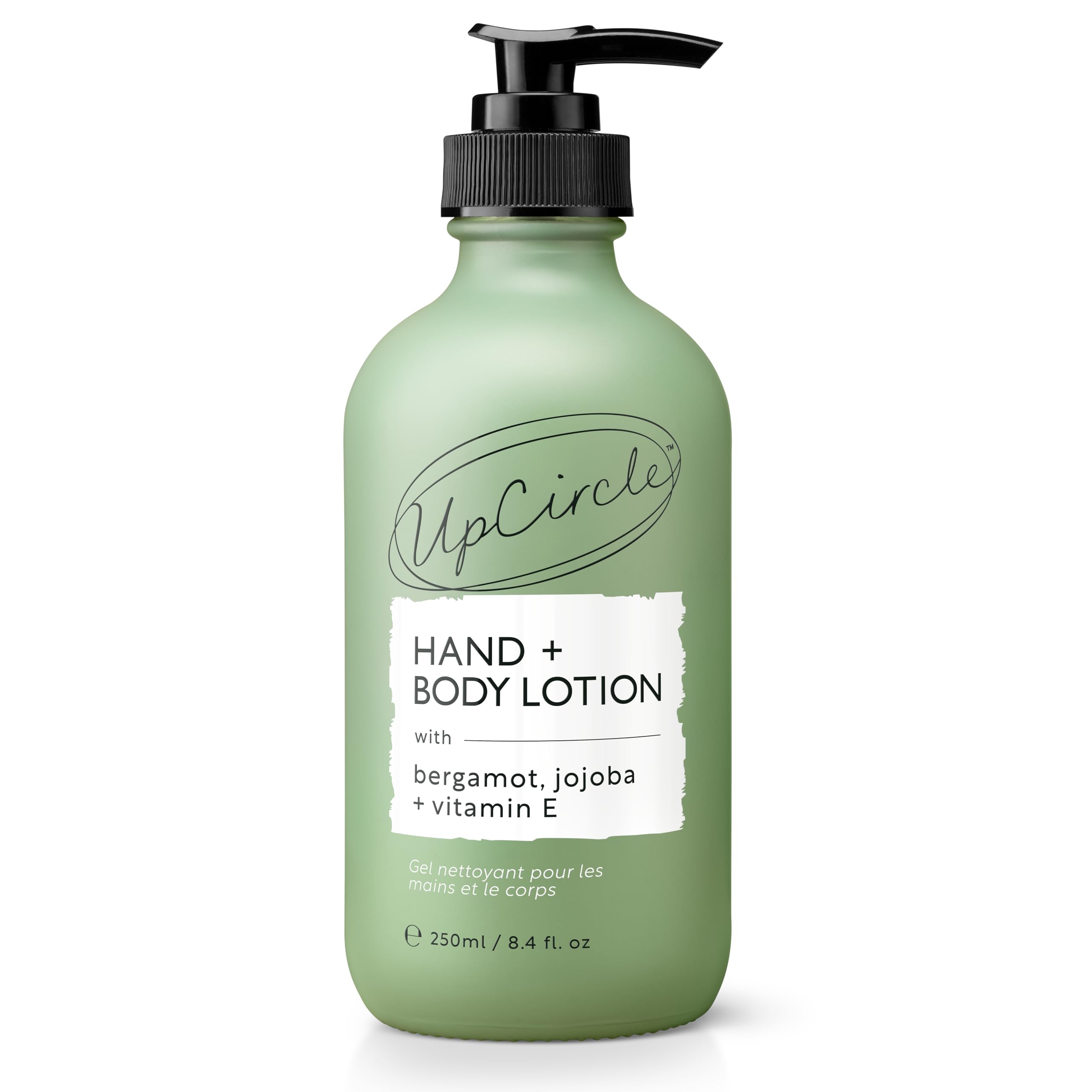 UPCIRCLE Hand and Body Lotion in bergamot water bottle for nourishment and fragrance.