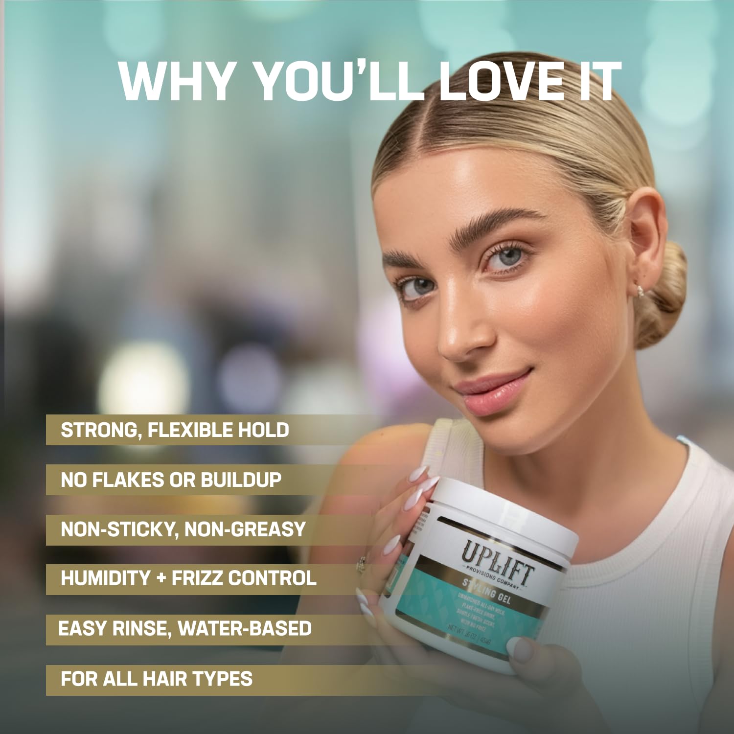 No-flake finish after applying Uplift Provisions styling gel on hair.