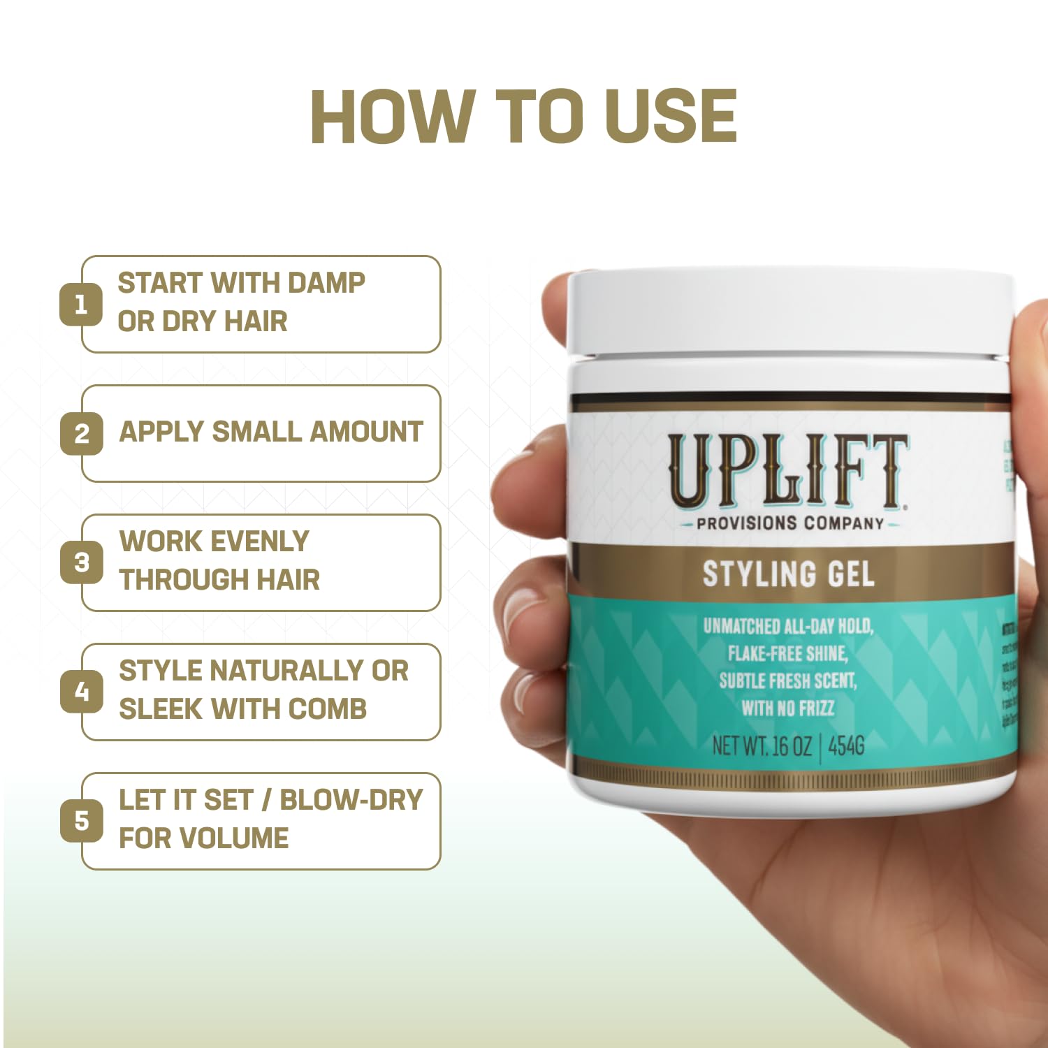 Nongreasy formula from Uplift Provisions gel leaves hair touchable and light.