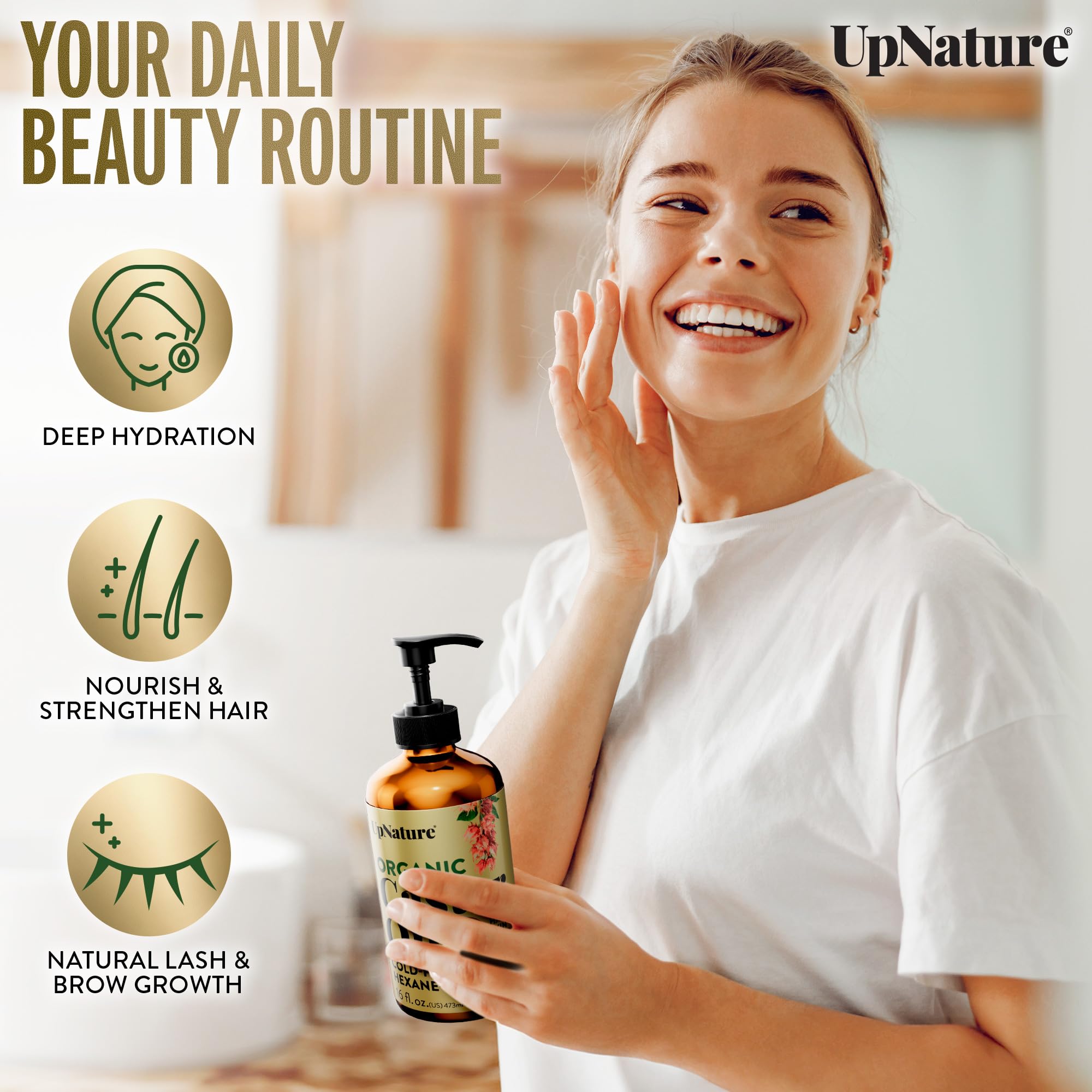 UpNature castor oil pump-dispensing close-up for controlled application.
