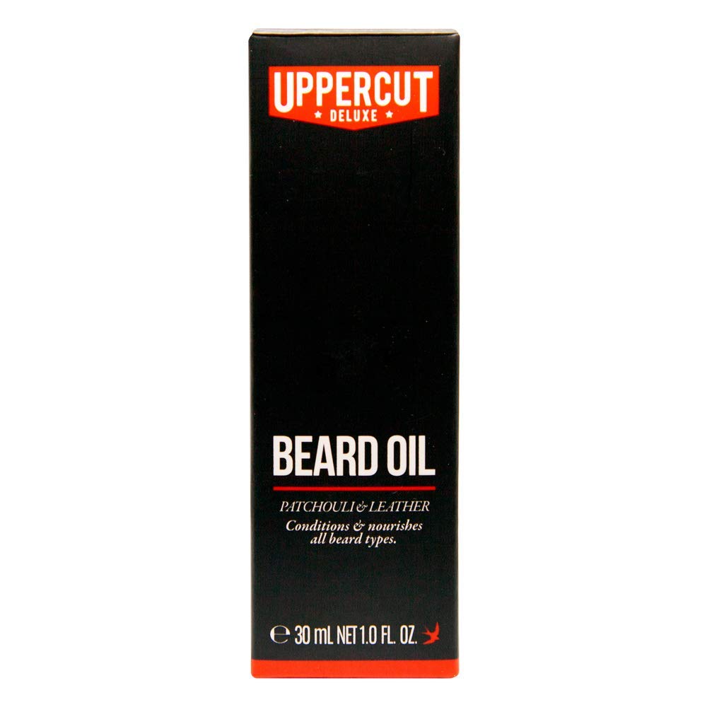Uppercut Deluxe Beard Oil ingredients close-up with argan, jojoba, avocado, and rosemary for nourishment.