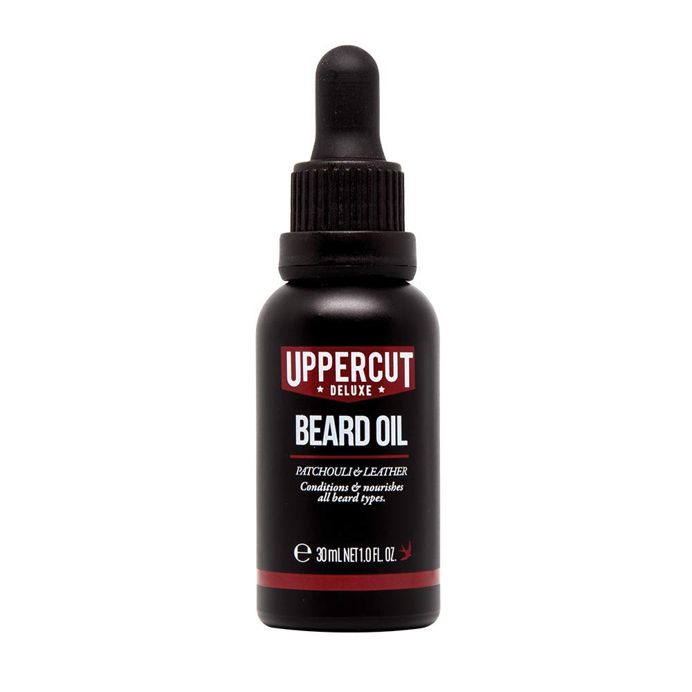 Uppercut Deluxe Beard Oil bottle with Patchouli and Leather scent offering smooth conditioning.