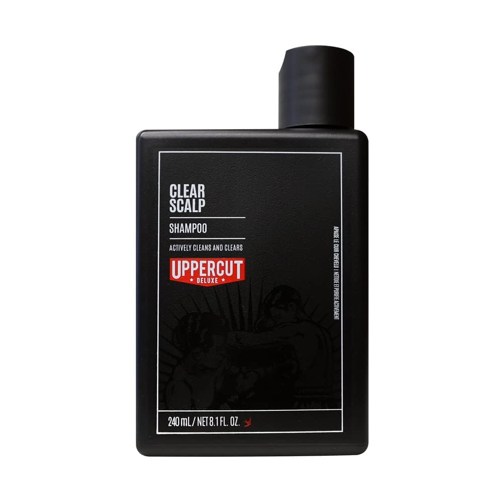 UPPERCUT DELUXE Clear Scalp Shampoo bottle pour demonstrates easy application and refreshing scalp care