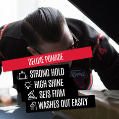 Close-up of hands applying pomade shows a high shine finish.