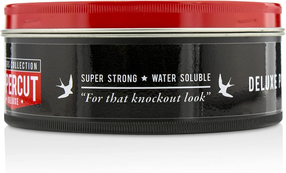 Side-part hairstyle defined by Deluxe Pomade's control.