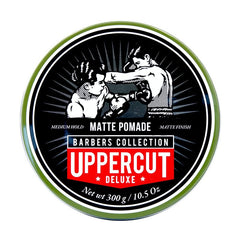 Uppercut Deluxe Matte Pomade tin-front view for premium grooming results.