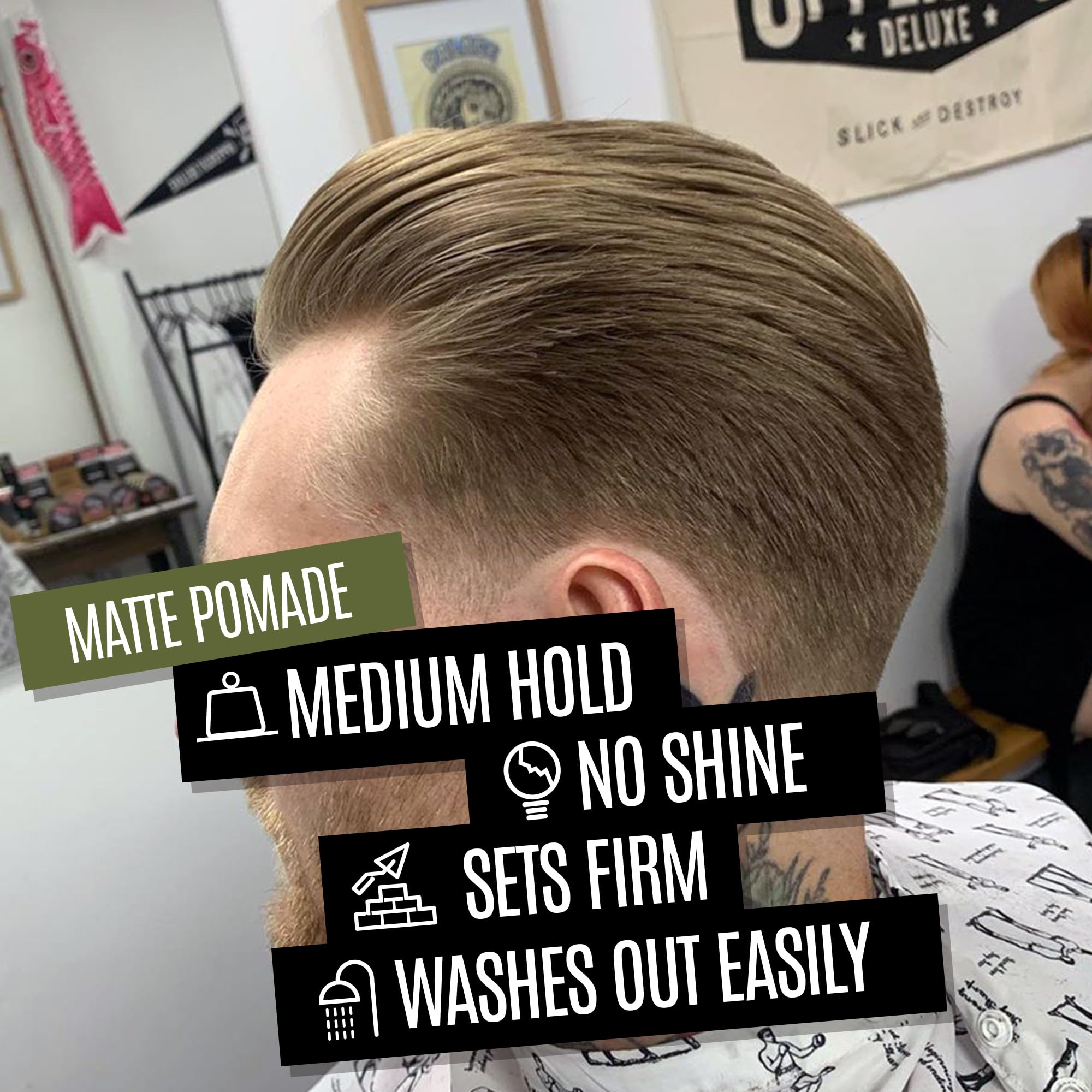 Uppercut Deluxe Matte Pomade tin-side angle shows large 10.5 oz size for daily use.