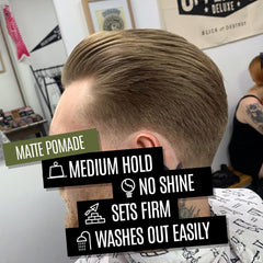 Uppercut Deluxe Matte Pomade tin-side angle shows large 10.5 oz size for daily use.
