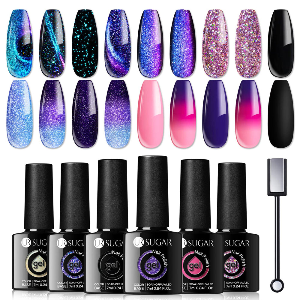 UR SUGAR glitter gel nail polish set in six colors for a glossy, lasting manicure.