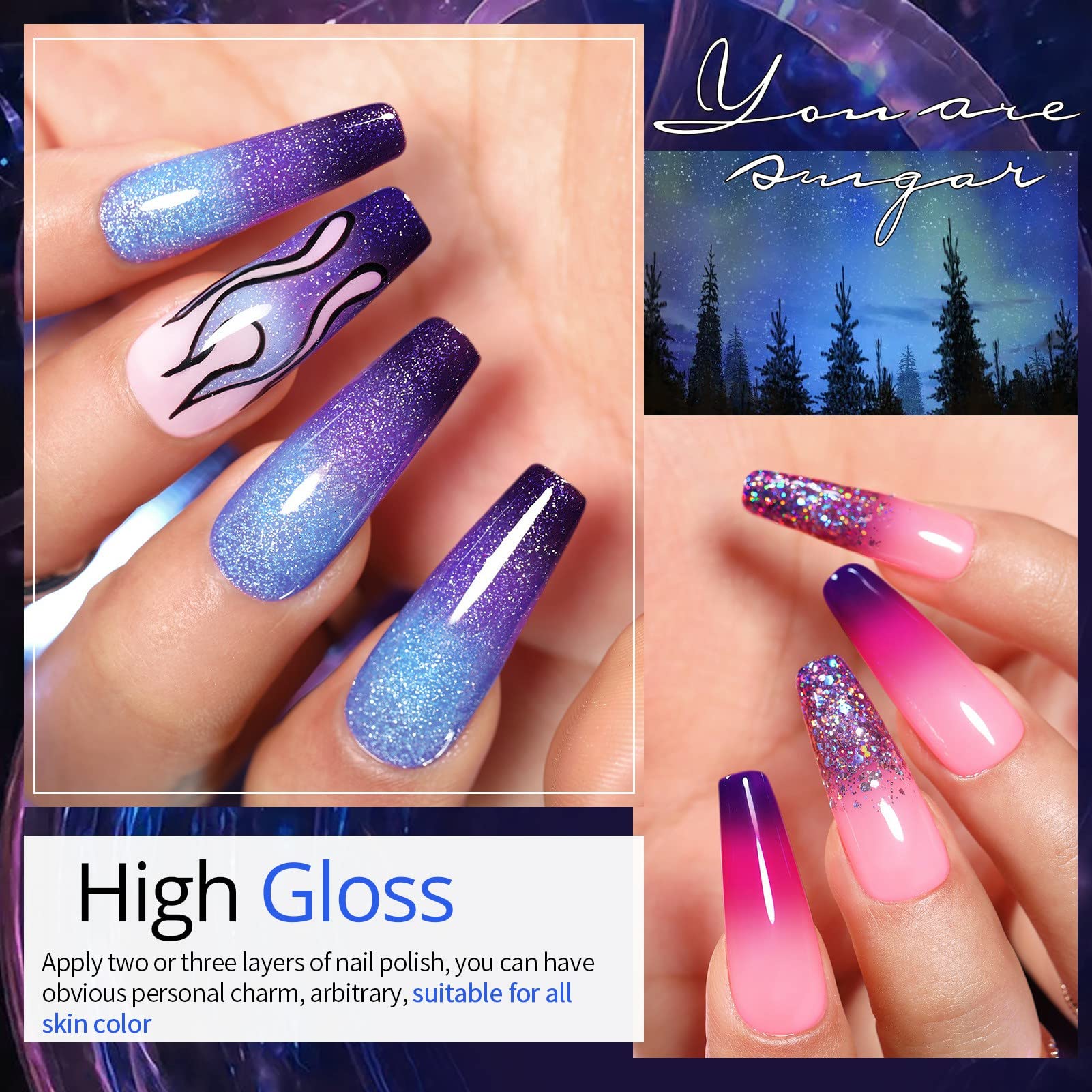 UR SUGAR magnetic glow gel shows a shimmering magnet effect for unique nail art.
