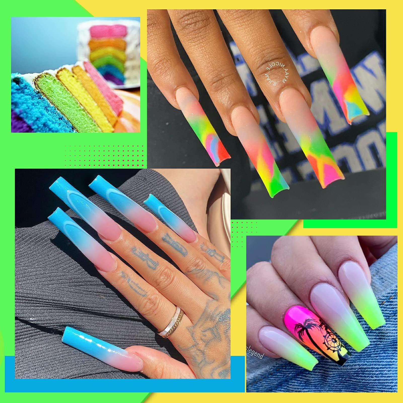 UR SUGAR neon color palette shows six bold shades for creative nail art.