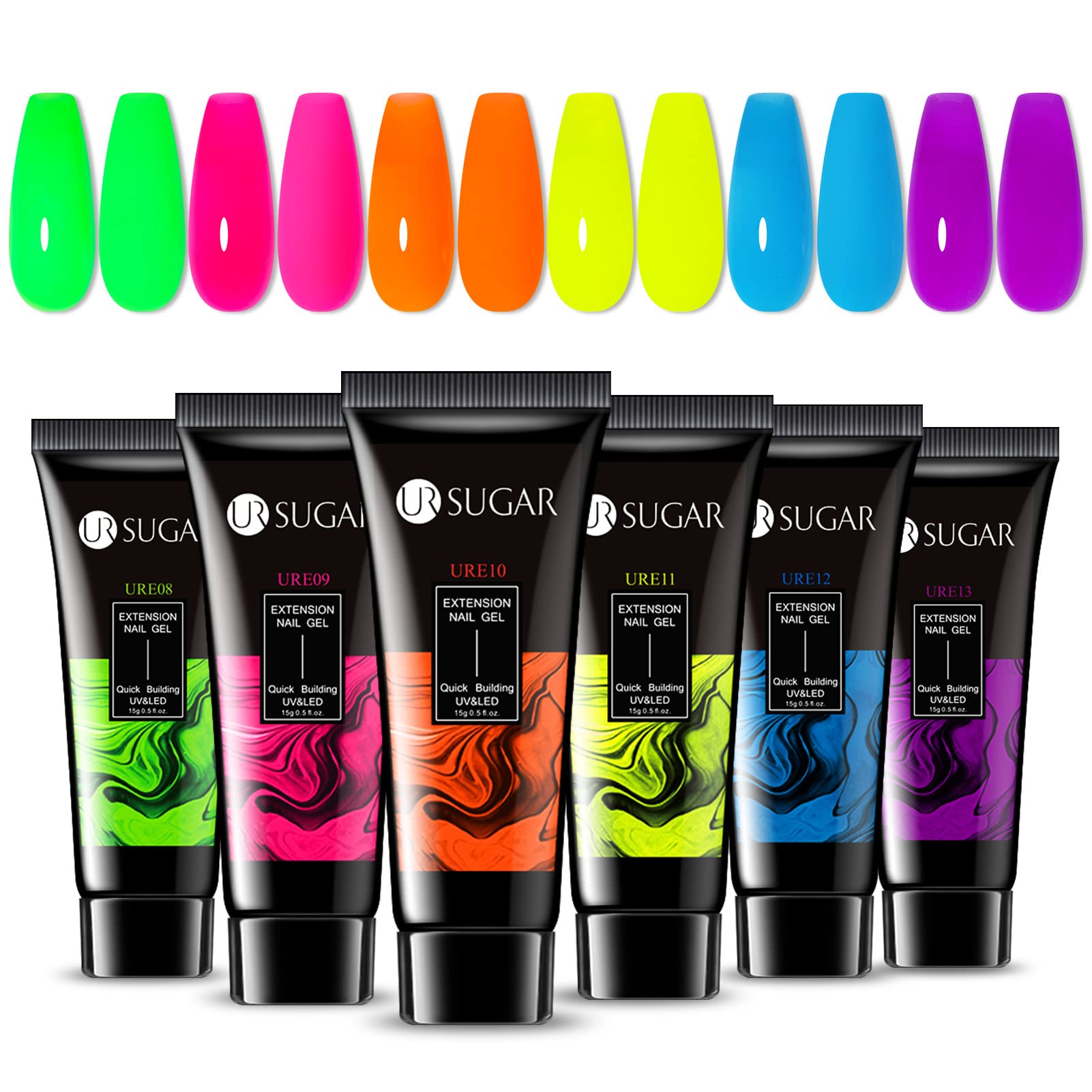 UR SUGAR Neon Poly Nail Gel Set front view with six neon colors for quick home nails.
