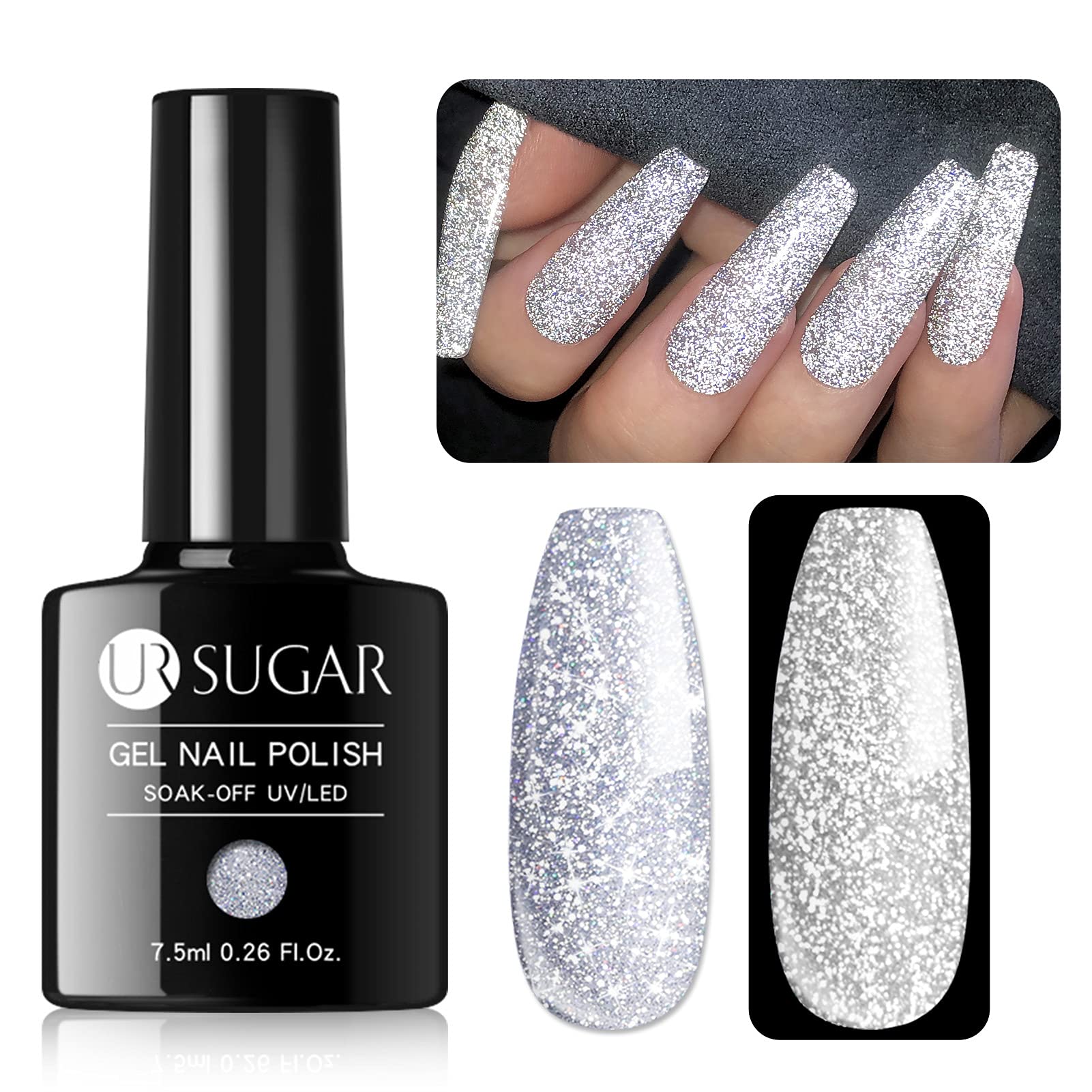 UR SUGAR Reflective Glitter Gel Nail Polish bottle with silver shimmer for an eye-catching finish.