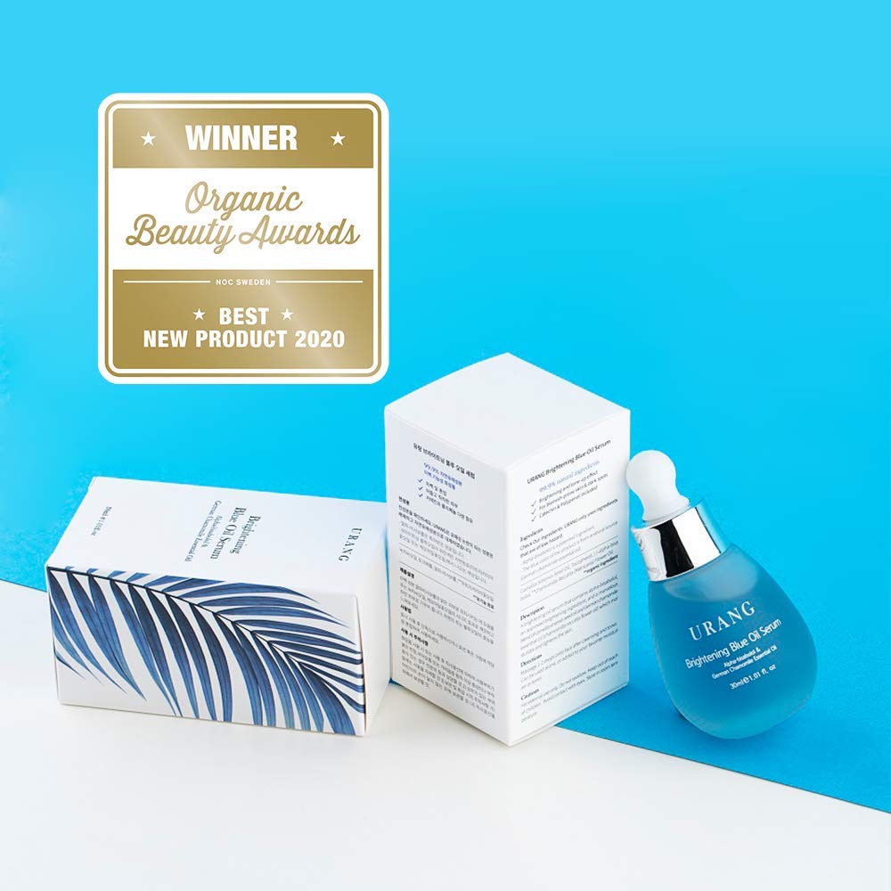 URANG Blue Oil Serum ingredients spread highlights vegan, clean formulation.