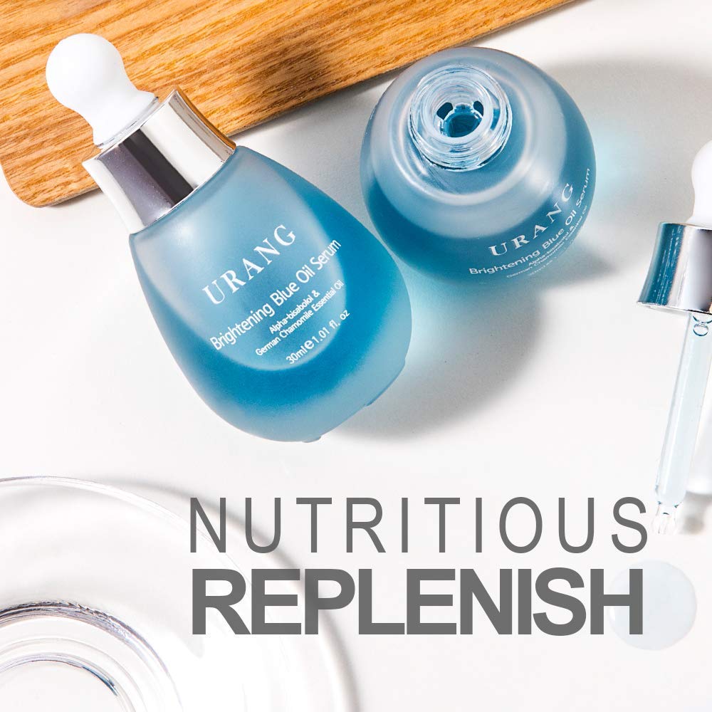 URANG Blue Oil Serum on bathroom shelf signals easy daily use.