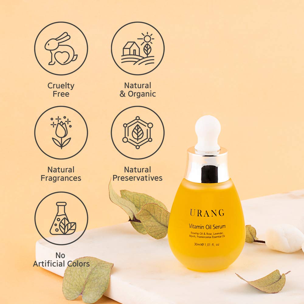 URANG Vitamin Oil Serum packaging features the Cosmos Organic Certified badge.