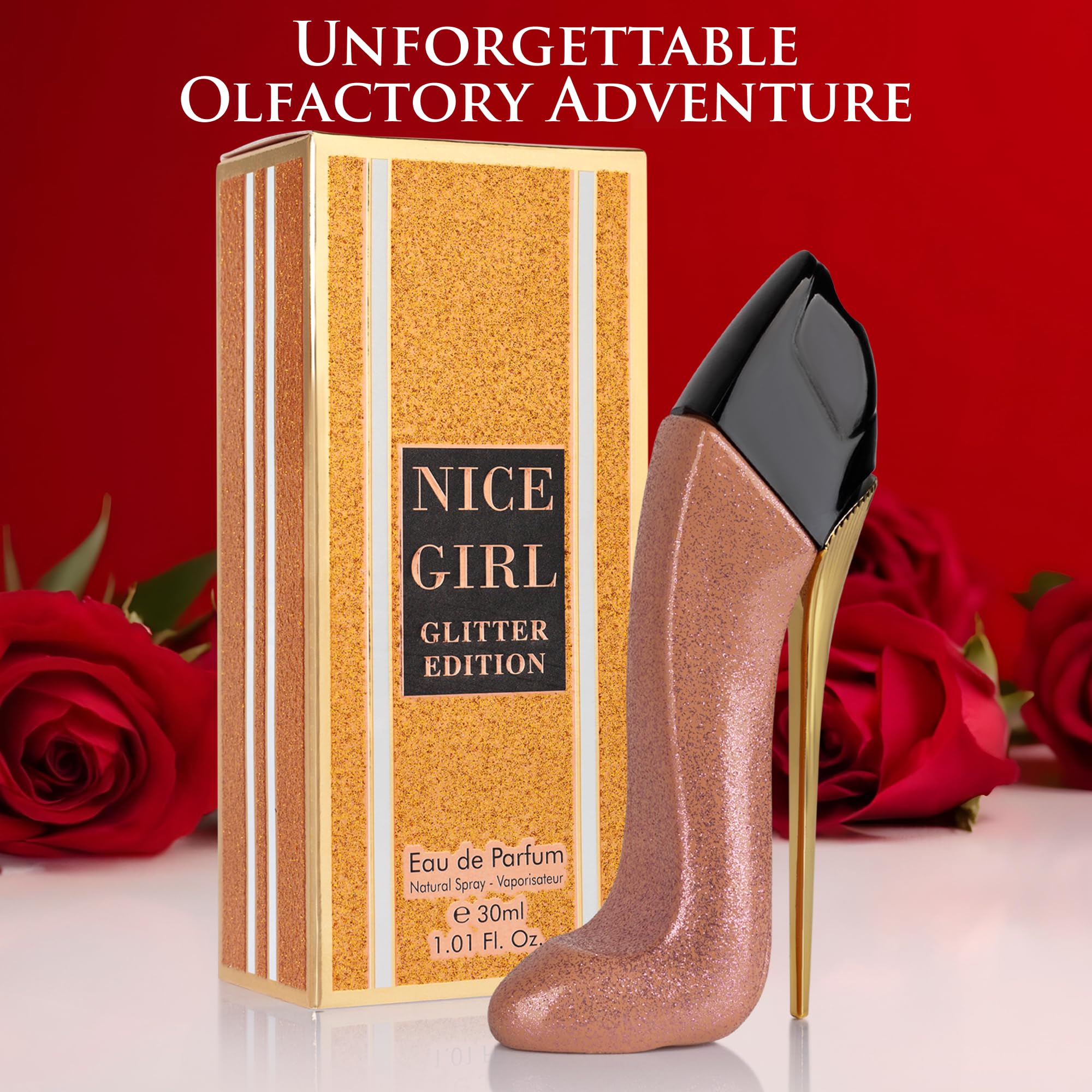 URBAN COLLECTION Nice Girl Glitter Edition spray-action bottle releasing the fragrance.