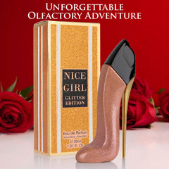 URBAN COLLECTION Nice Girl Glitter Edition spray-action bottle releasing the fragrance.