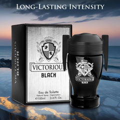 Embroidered label detail on Victorious Black hints at sophisticated presentation.