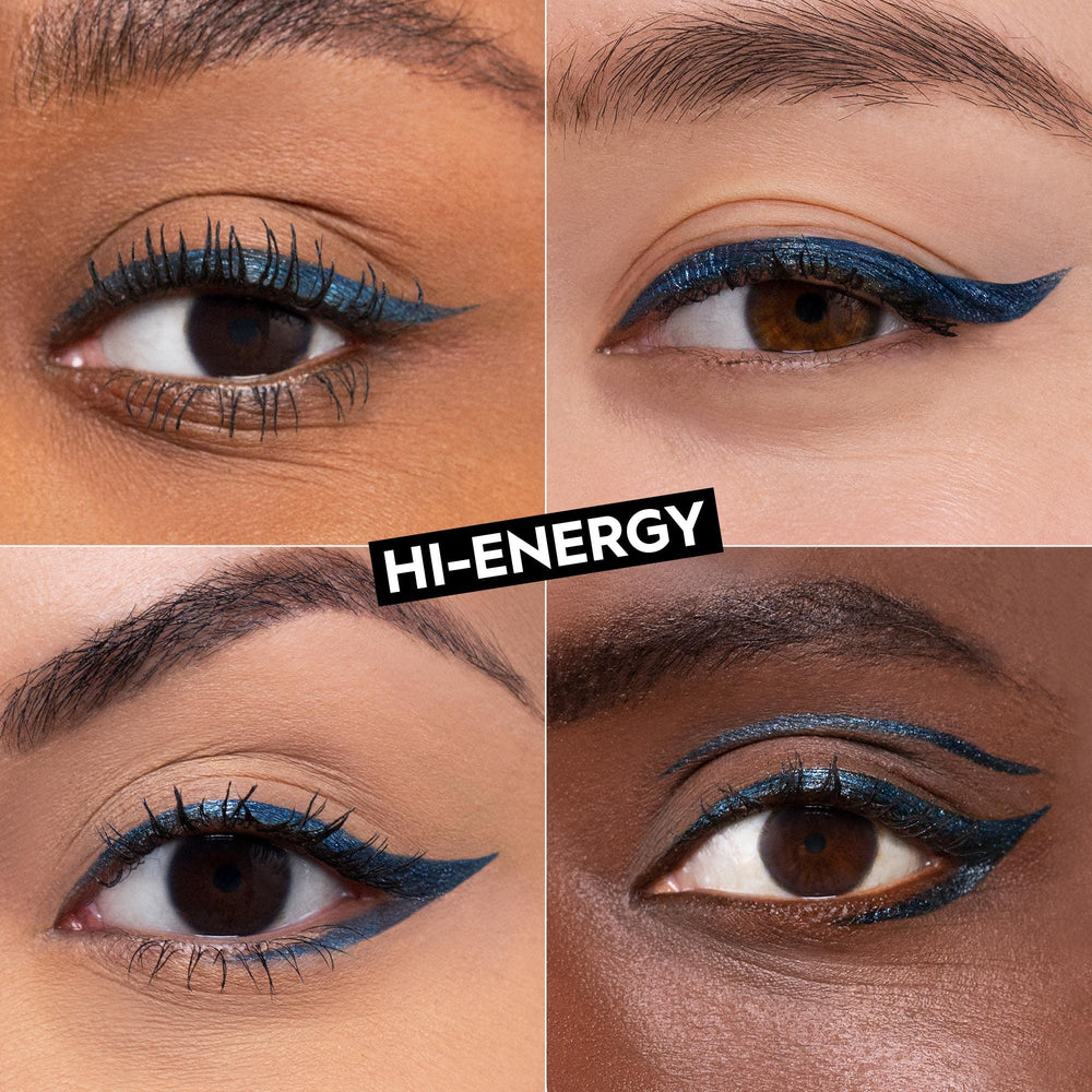 URBAN DECAY 24/7 Inks Hi-Energy blue shimmer tip closeup highlights ultra-sharp tip for defined lines