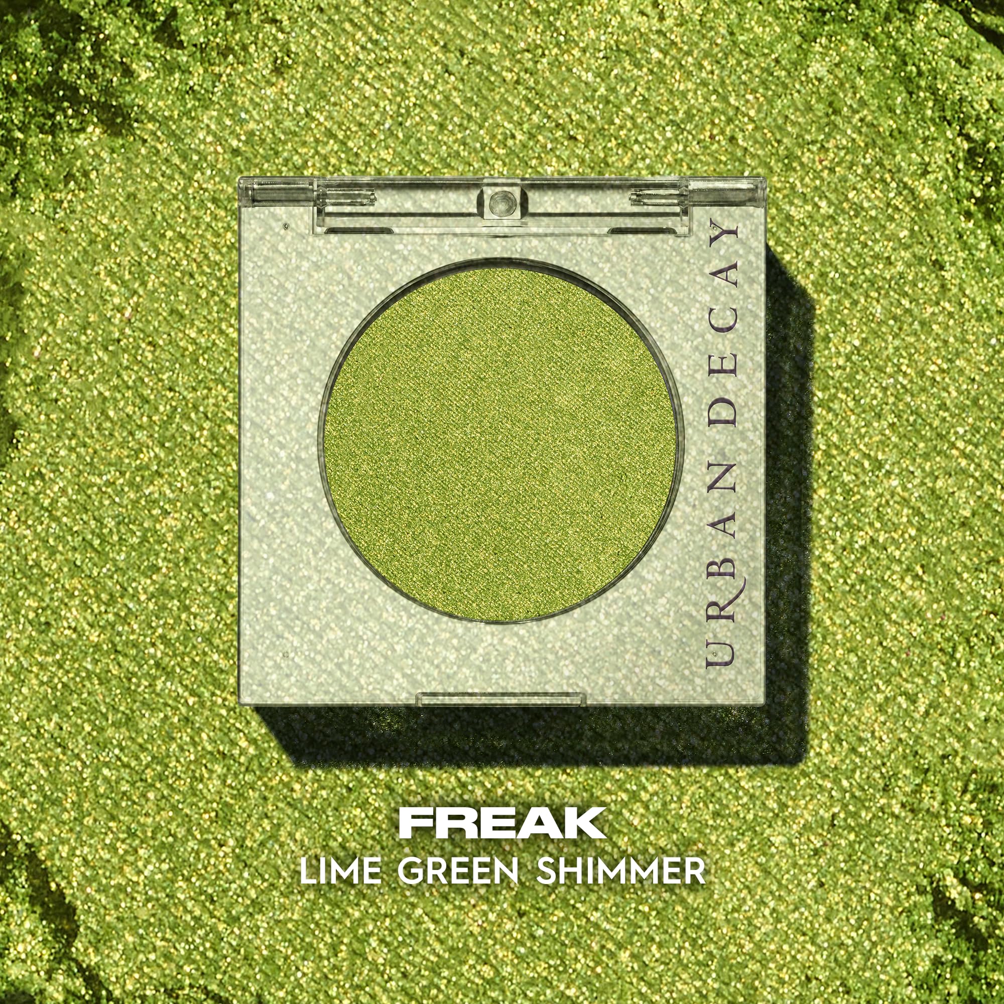 Urban Decay 24/7 Freak lime green shimmer shadow—extreme blendability for easy shading.