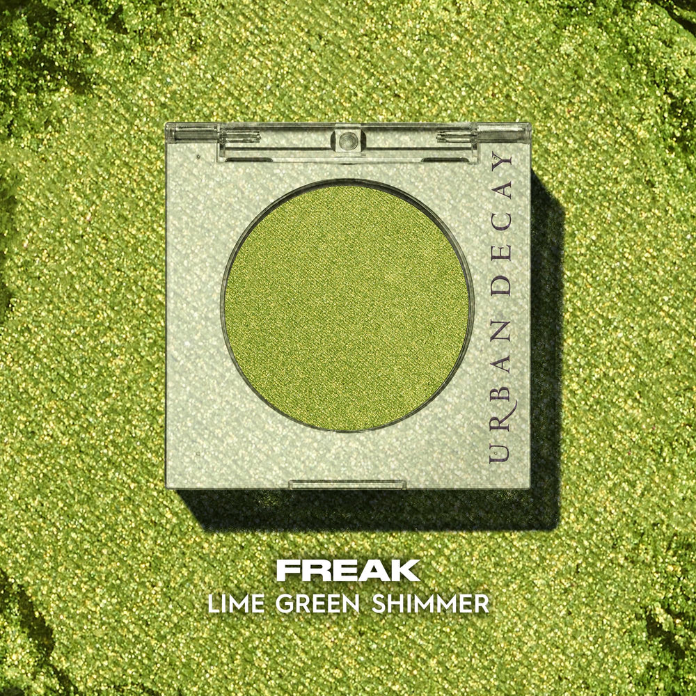 Urban Decay 24/7 Freak lime green shimmer shadow—extreme blendability for easy shading.