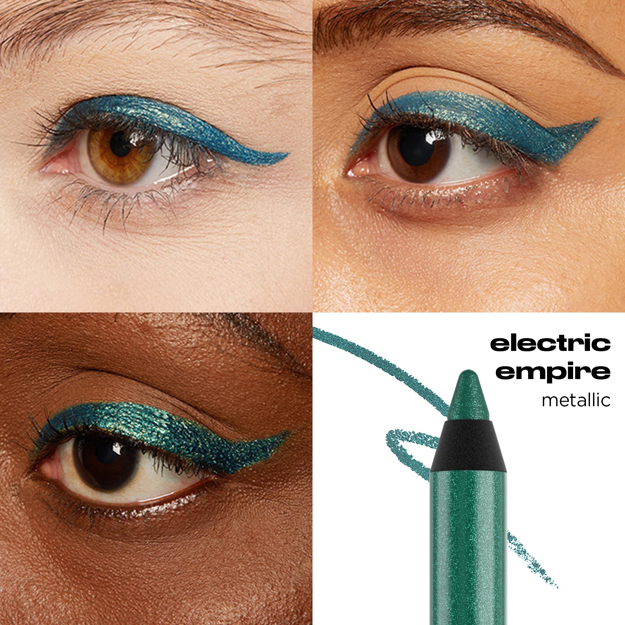 URBAN DECAY 24/7 Glide-On Electric Empire swatch shows metallic green shade on skin.