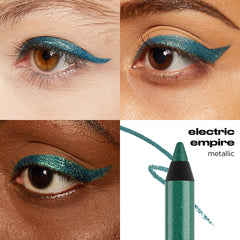 URBAN DECAY 24/7 Glide-On Electric Empire swatch shows metallic green shade on skin.