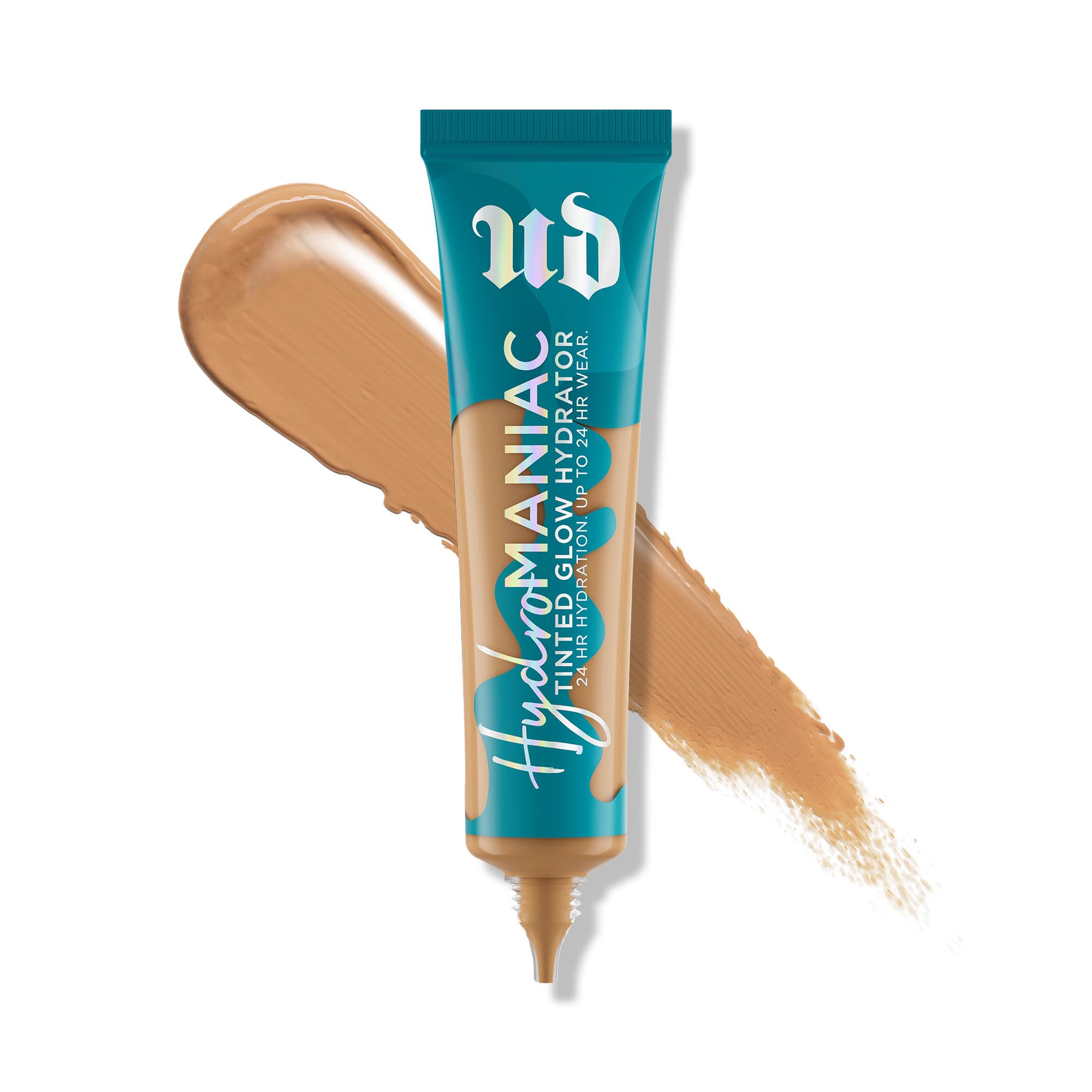 Urban Decay Hydromaniac bottle closeup shows hydrating glow and vegan formula.