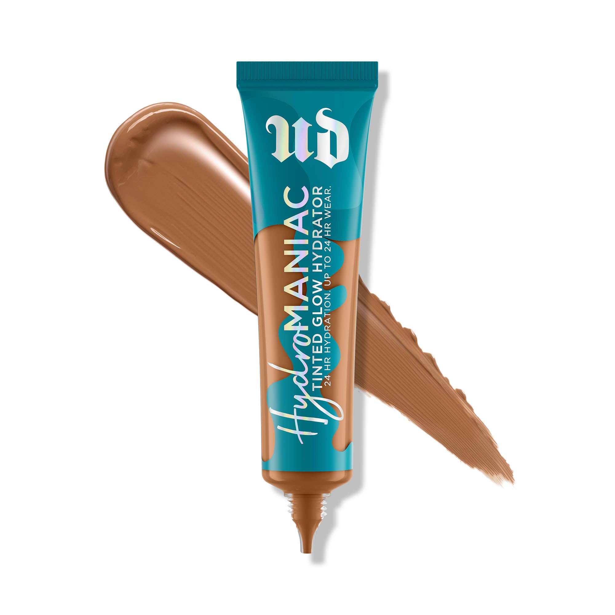 Urban Decay Hydromaniac bottle front view showing dewy, buildable coverage for dry skin.