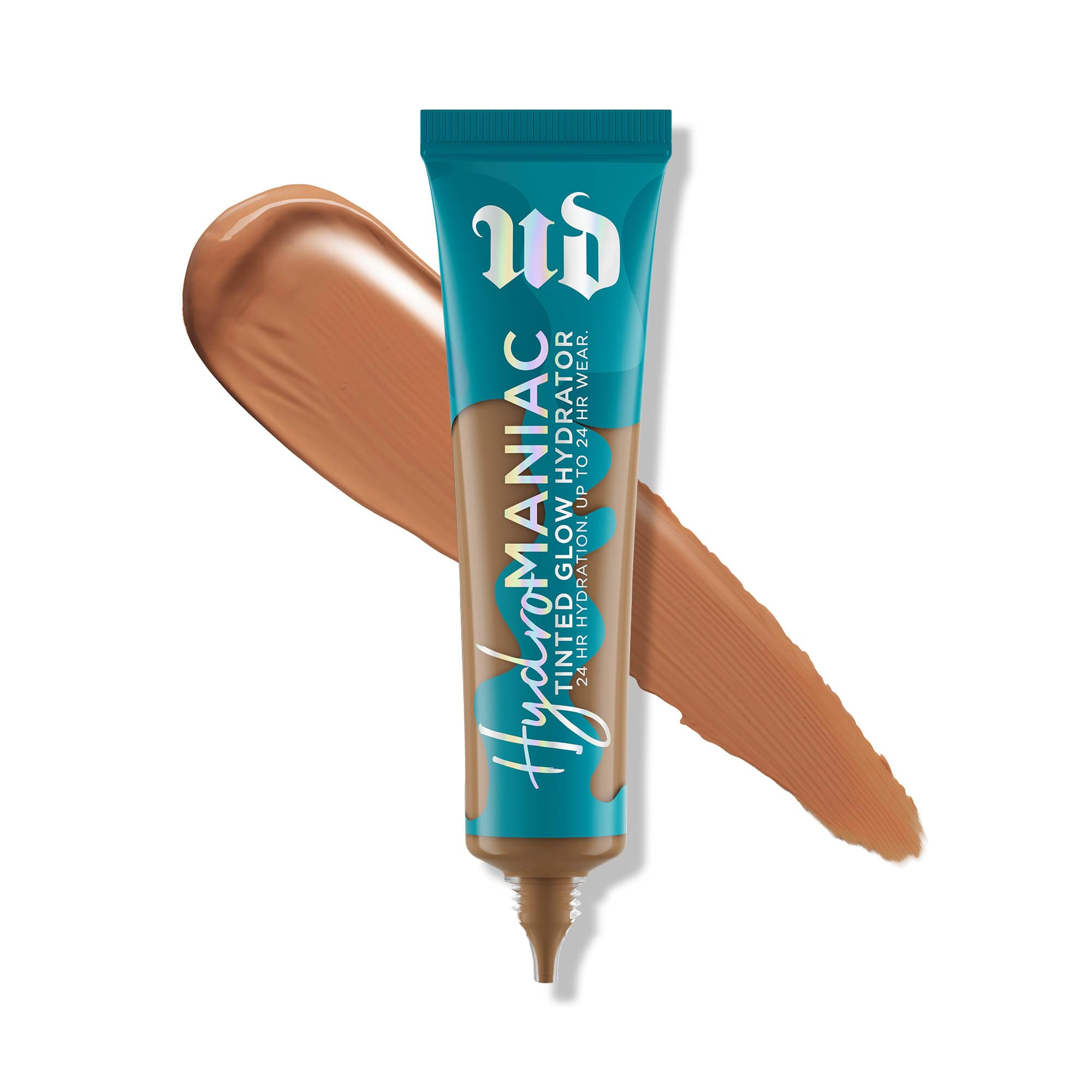 Urban Decay Hydromaniac foundation bottle with pump shows a dewy, hydrated finish.
