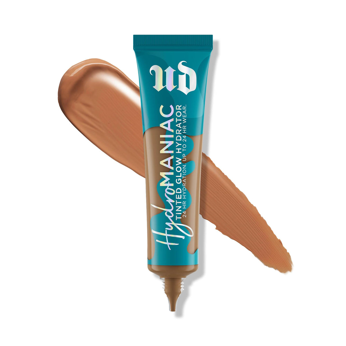Urban Decay Hydromaniac foundation bottle with pump shows a dewy, hydrated finish.