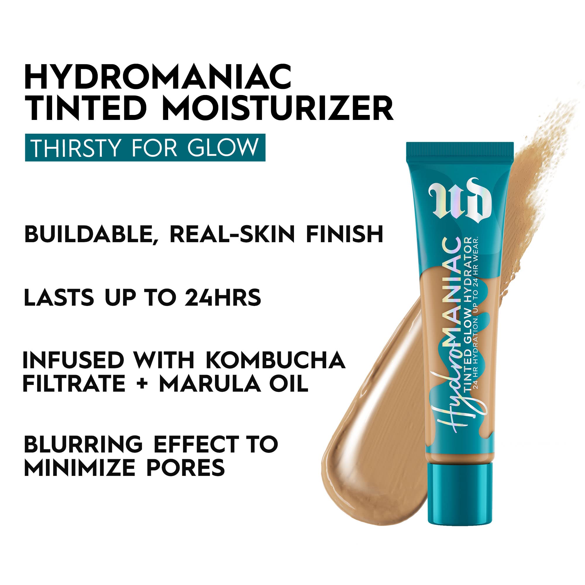 Urban Decay Hydromaniac dewy finish on face highlights hydration and radiance.