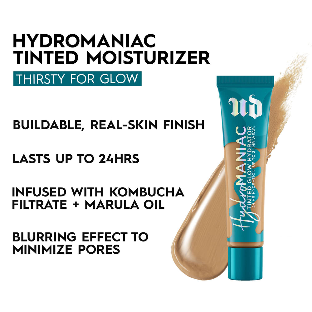 Urban Decay Hydromaniac dewy finish on face highlights hydration and radiance.