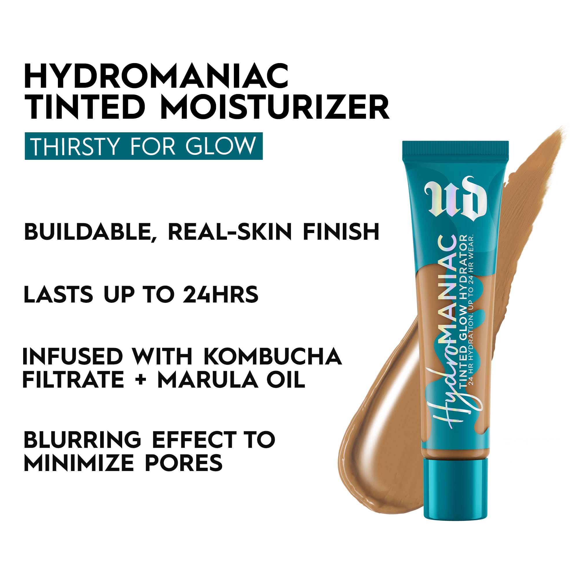 Urban Decay Hydromaniac with kombucha filtrate and marula oil for skin hydration.