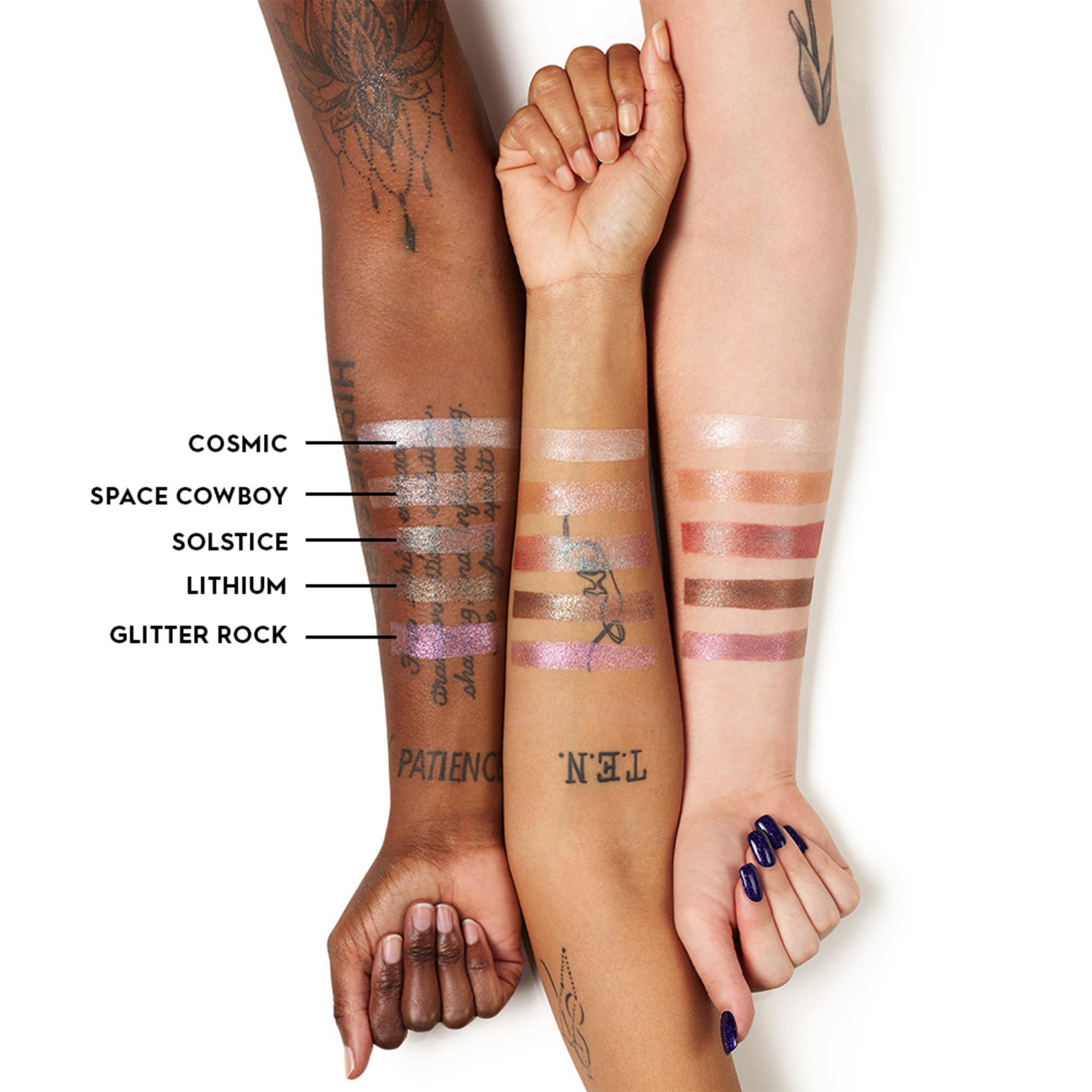 URBAN DECAY Moondust Space Cowboy foil swatch demonstrating versatile metallic shine.