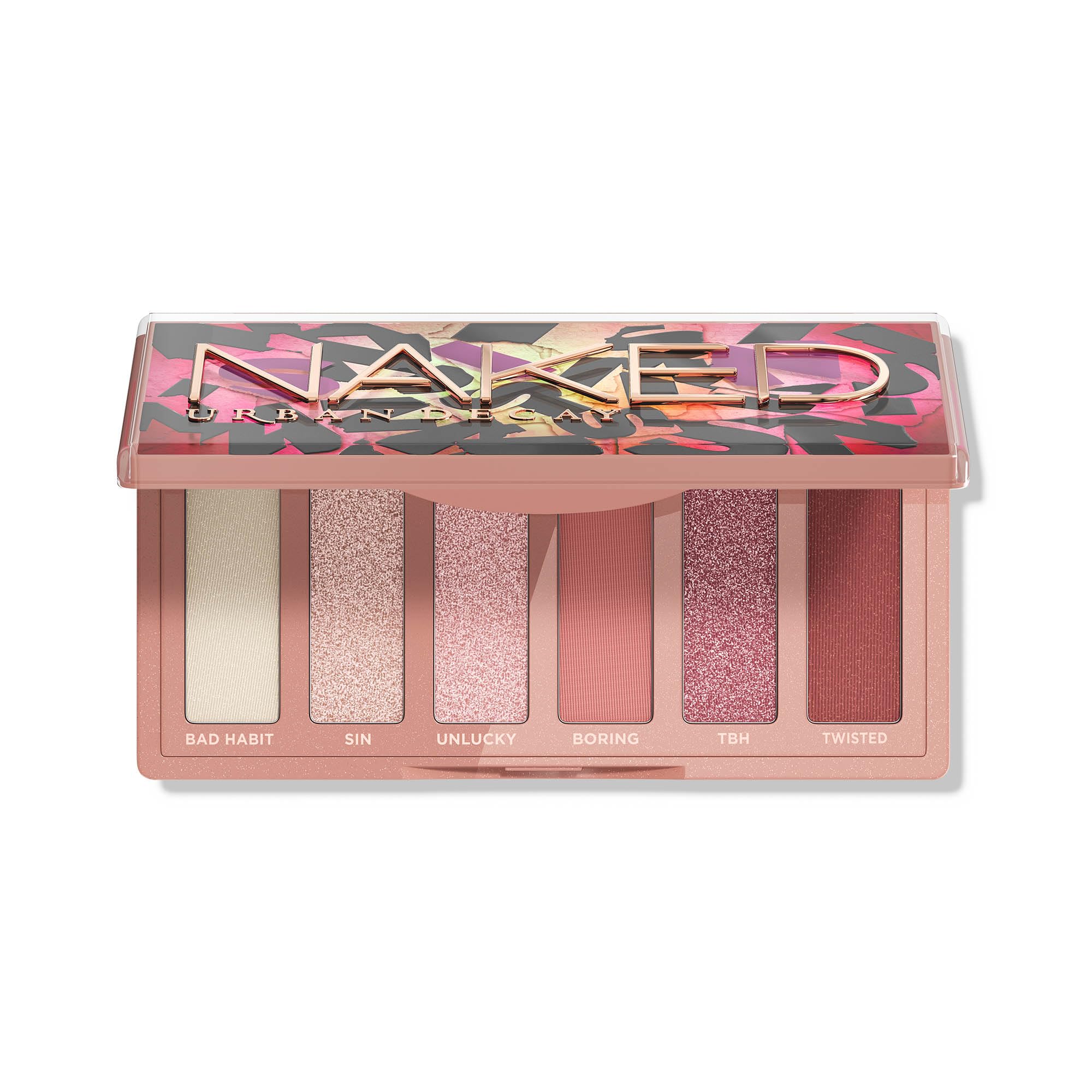 Urban Decay Naked Mini Sin palette box, travel-friendly design for on-the-go looks.
