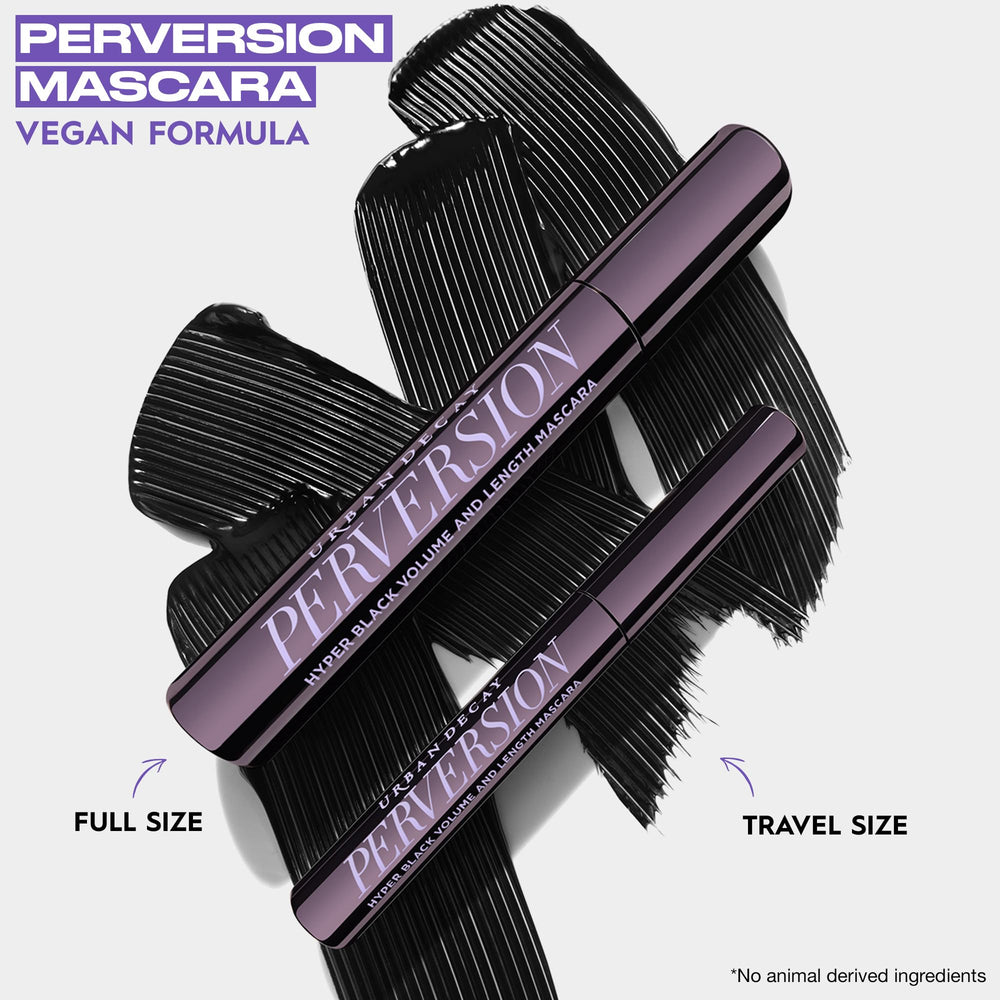 Urban Decay Perversion Mascara travel-size volume boost visible on lashes.