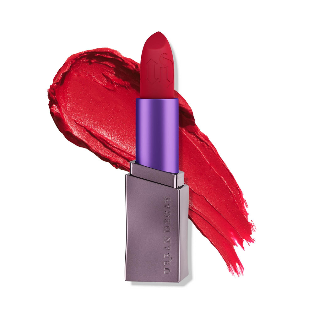 URBAN DECAY Vice Hydrating Lipstick 714 closeup highlighting vibrant blue-red matte color with hydrating feel.
