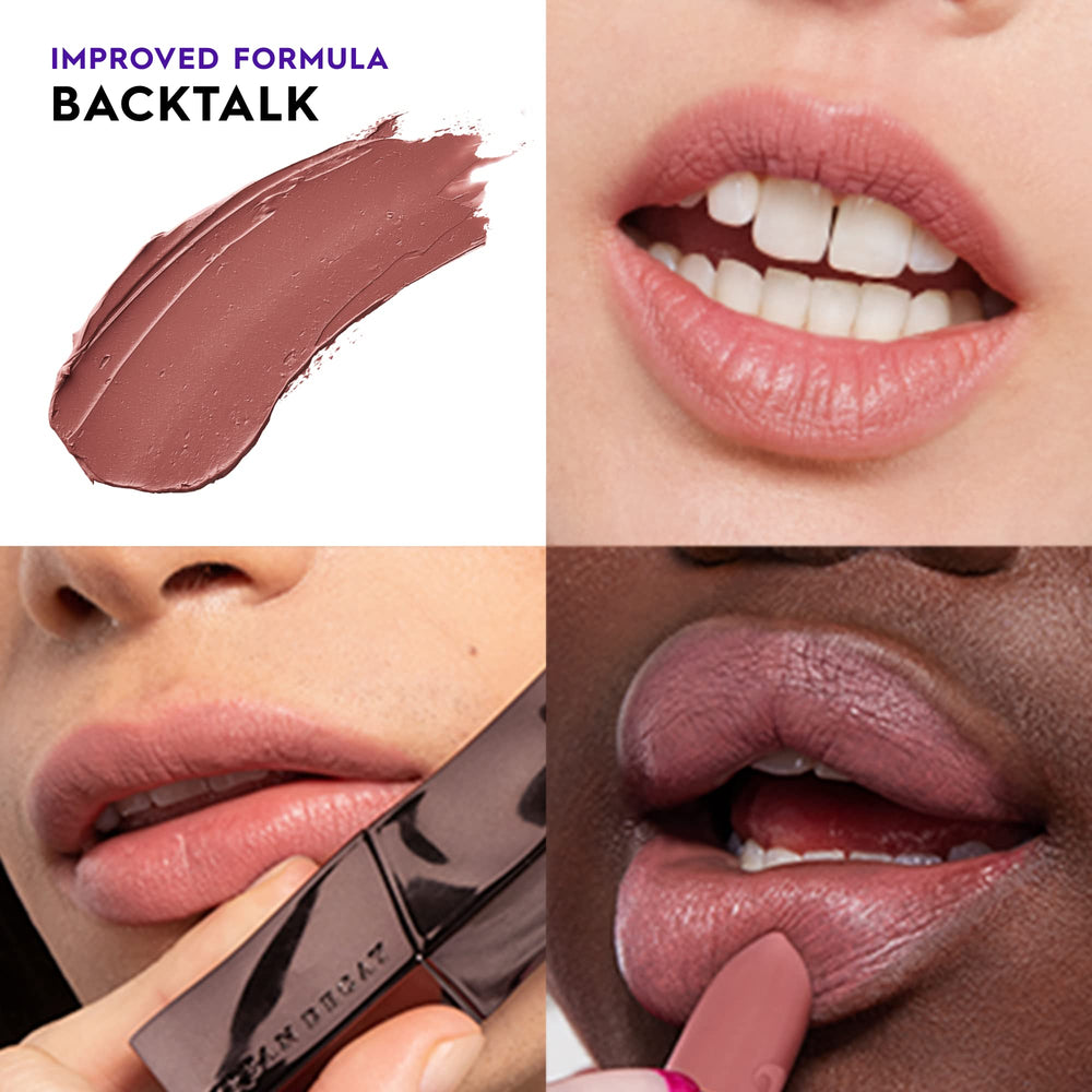 Urban Decay Vice Hydrating Lipstick Backtalk application on lips demonstrates creamy texture.
