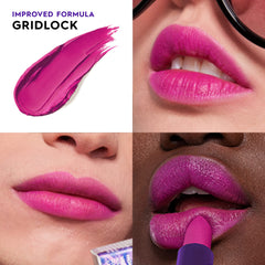 URBAN DECAY Vice Hydrating Lipstick Gridlock swatch reveals vibrant fuchsia hue for modern looks.