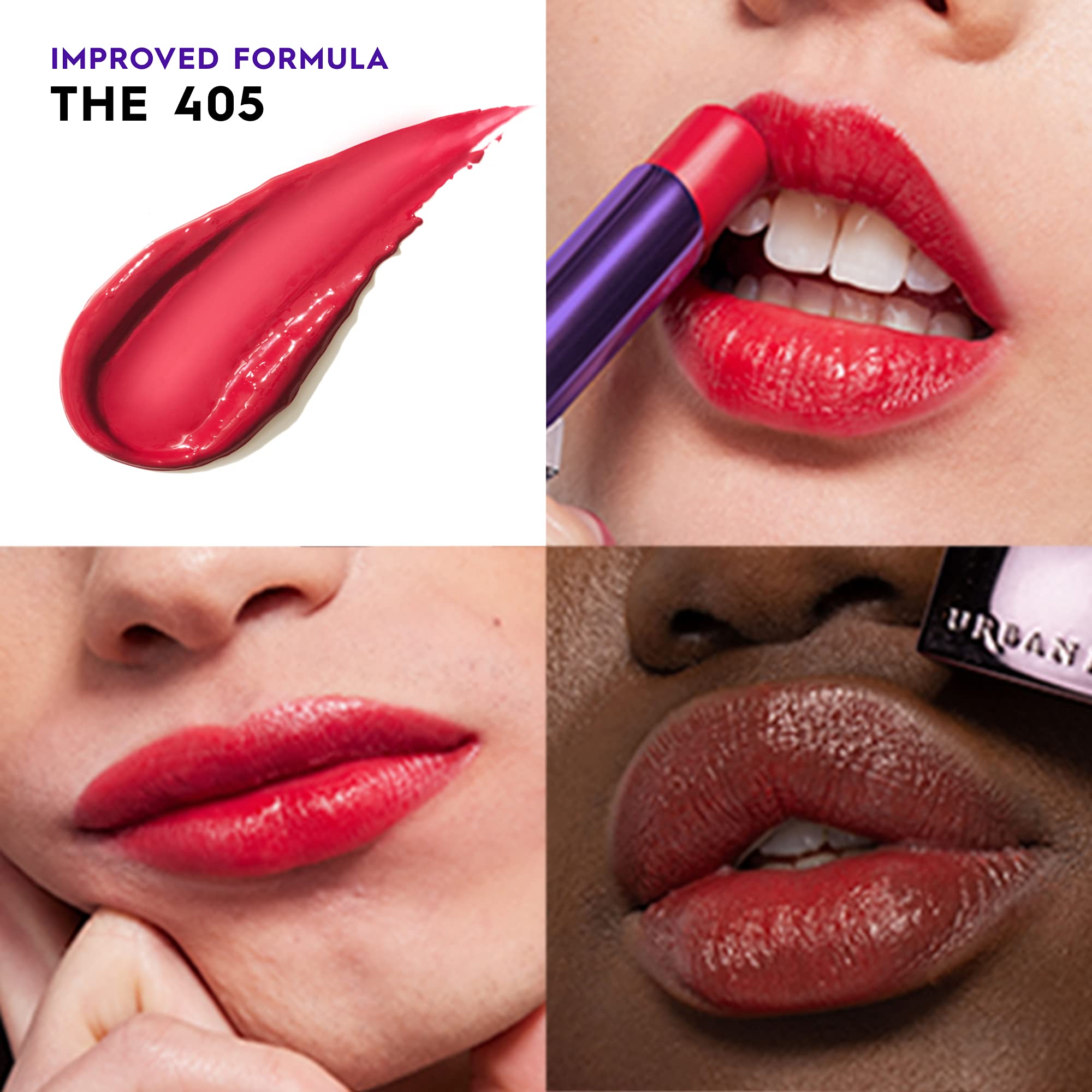 Swatch collection showing Vice Hydrating Lipstick shades with creamy, matte, and shine finishes.