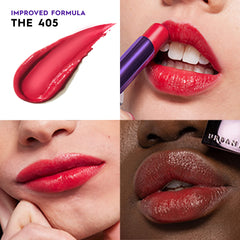 Swatch collection showing Vice Hydrating Lipstick shades with creamy, matte, and shine finishes.