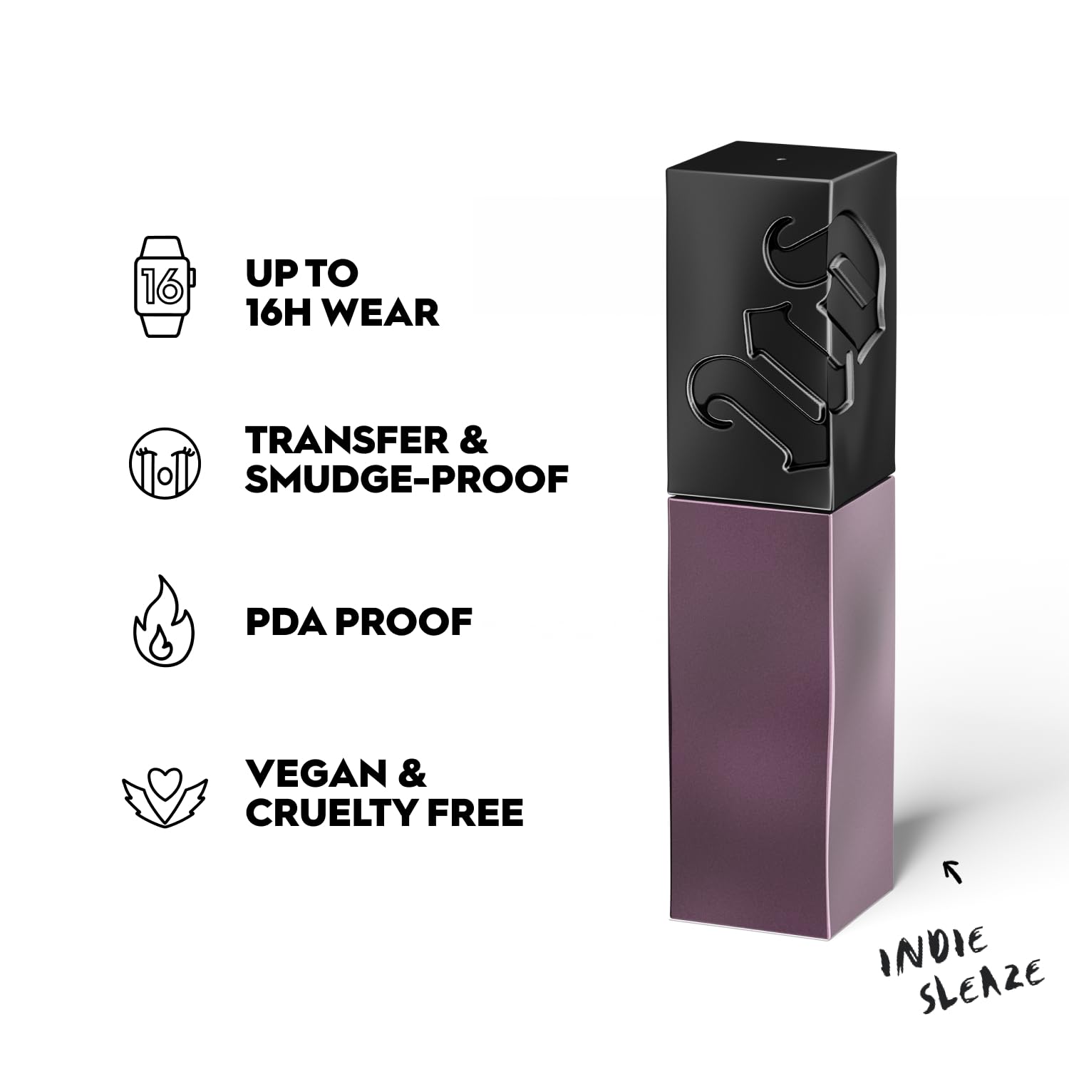 Urban Decay Vice Lip Bond lip swatch in Indie Sleaze shows high-shine black shade.