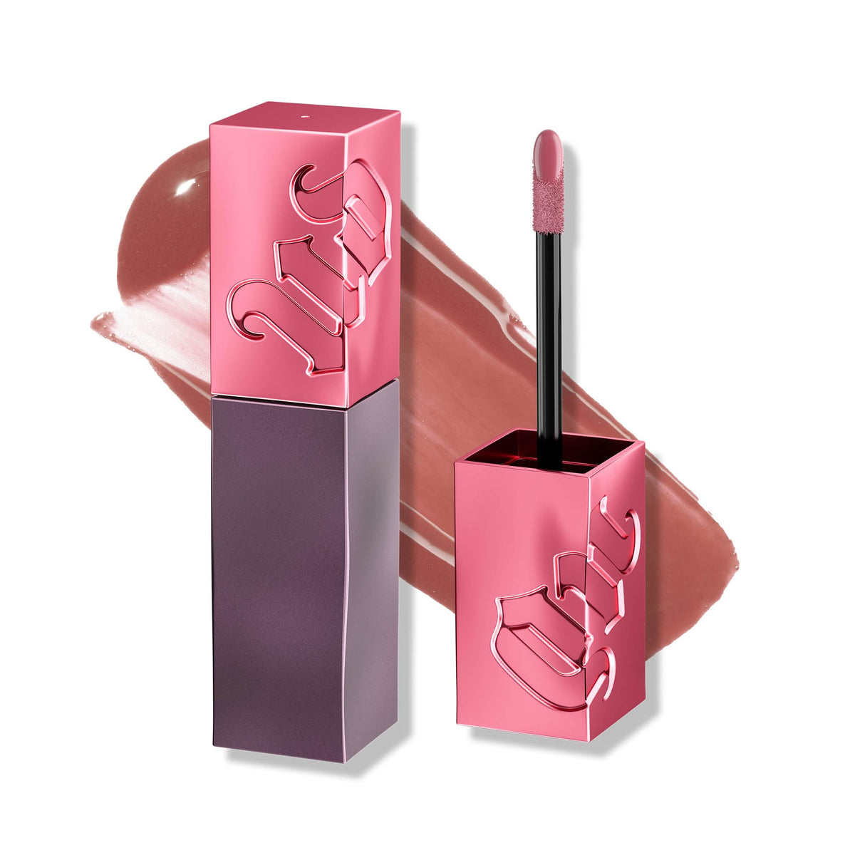 Urban Decay Vice Lip Bond Text Em dusty rose swatch showing long-lasting glossy color