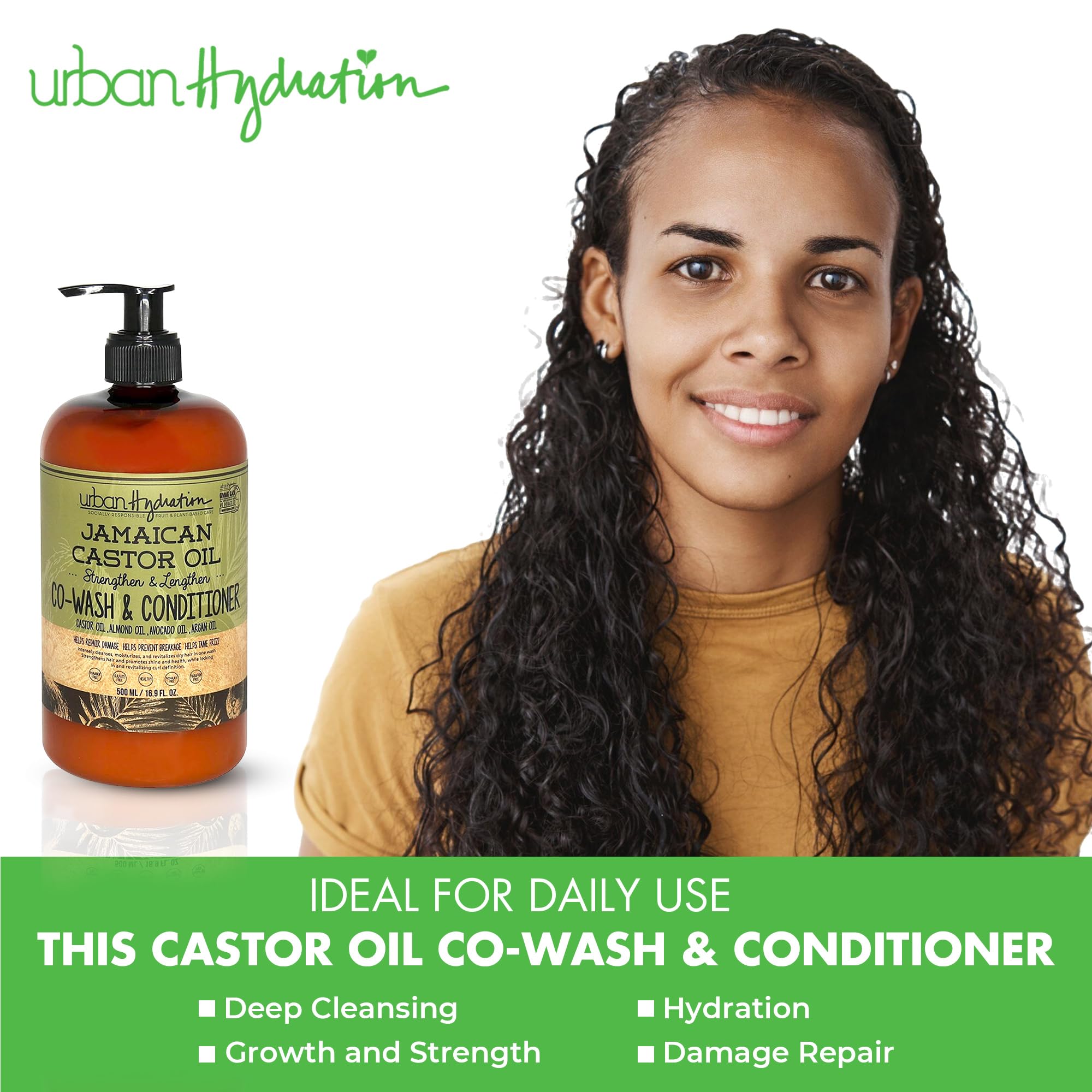 Close-up of Urban Hydration ingredients in Jamaican Castor Oil Co-Wash packaging.